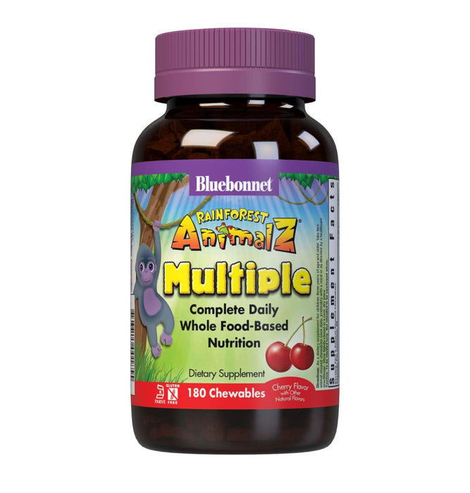Bluebonnet Nutrition Rainforest Animalz Whole Food Based Multiple Chewable Tablet, Kids Multivitamin & Mineral, Vitamin C, D3, Iron, Gluten Free, Milk Free, Kosher, 180 Chewable Tablets, Cherry Flavor