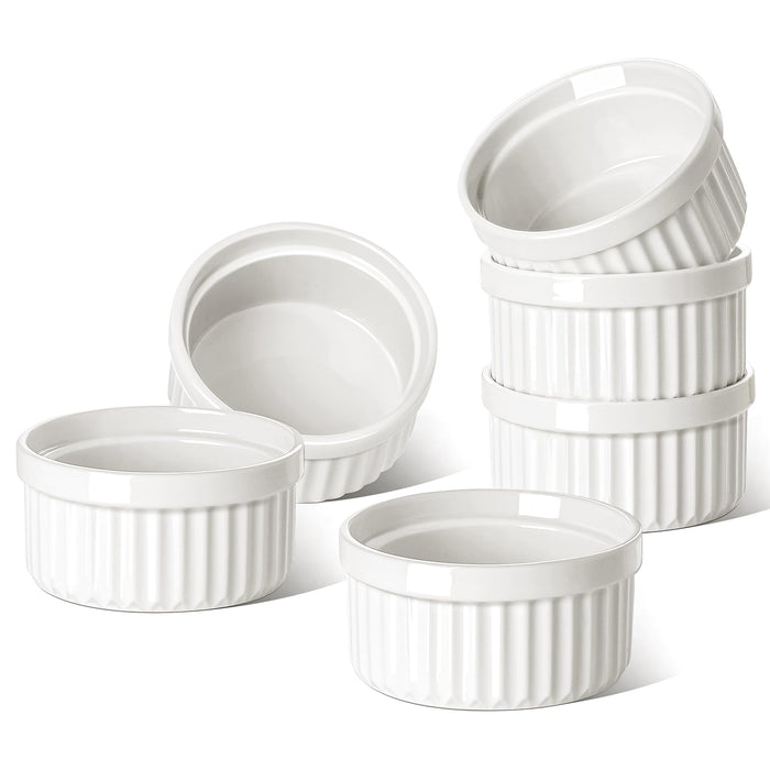 LE TAUCI Ramekins 6 OZ, Ceramic Souffle Dishes, Oven Safe Custard Cups for Baking, Creme Brulee, Pudding, Dessert, Microwave & Dishwasher Safe, Set of 6, White