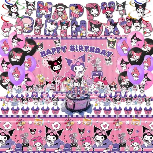 Kuromi Birthday Party Supplies, Party Decorations Set Include Banner, Backdrop, Balloons, Hanging Swirls, Cake Cupcake Toppers, Tablecloth for Girls Kuromi Theme Party