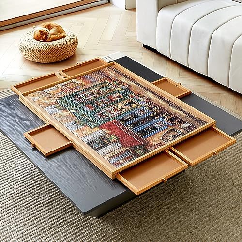 Wooden Puzzle Table with 6 Drawers and Cover, Adult Portable Puzzle Board, 34 "x 26" Jigsaw Puzzle Table, Used for Puzzle Storage and Sorting, can Hold 1500 Pieces