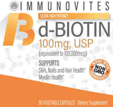 IMMUNOVITES 3-Pack High Dose Biotin (as d-Biotin, USP) 100mg (Equivalent to 100,000mcg) 90 Capsules, High Potency (3)