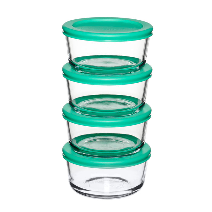 Anchor Hocking 2 Cup Glass Storage Containers with Lids, Set of 4 Glass Food Storage Containers with Mint SnugFit Lids