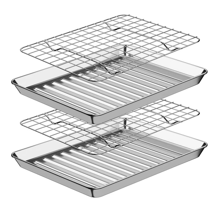 ROTTAY Small Baking Sheet Pan with Wire Rack Set [2 Pans + 2 Racks], 1/8 Stainless Steel Cookie Sheets for Oven, Warp Resistant & Heavy Duty & Rust Free, Size 9 x 7 x 1 Inches