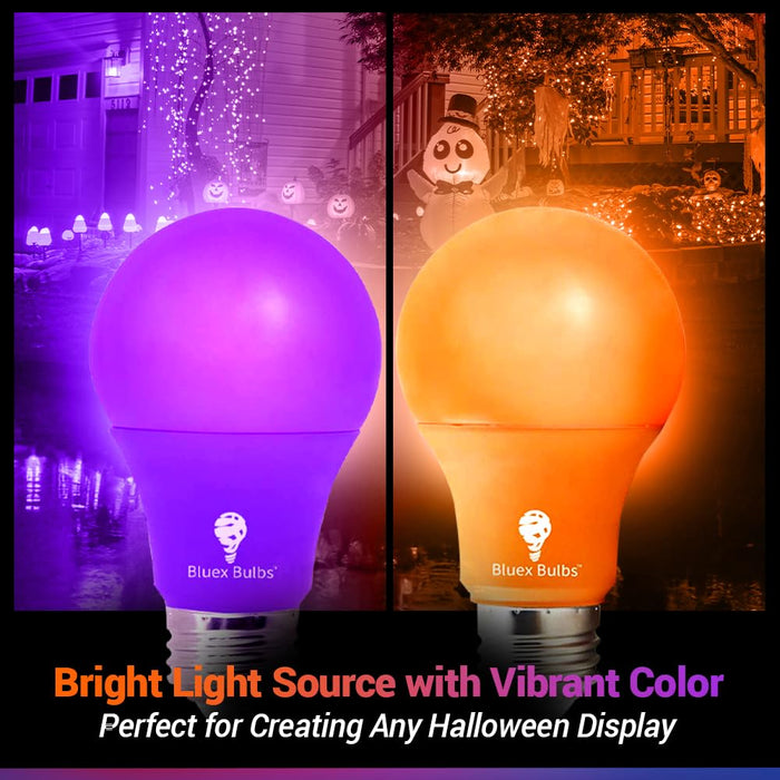 4 Pack A19 LED Purple Light Bulb LED Orange Light Bulb 120V E26 Base 9 Watt (60-watt Replacement) Purple Bulb Orange Bulb, Party Decoration, Porch, Home Lighting, Halloween Light Bulbs