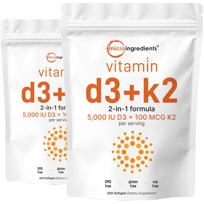 2 Pack Vitamin D3 5000IU Plus K2, 2 in 1 Formula, Vitamin D3 Liquid with Vitamin K2, 300 Soft-Gels, Immune Vitamin Complex with Virgin Sunflower Seed Oil, Support Your Heart, Teeth & Joint Health