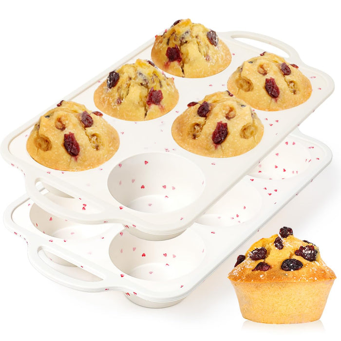 CAKETIME Large Muffin Pan, Metal Reinforced Frame 3.5 Inch Jumbo Silicone Muffin Pan Nonstick 6 Cups for Baking Jumbo Muffin, Frittatas, Cupcakes 2 Pack Love Heart