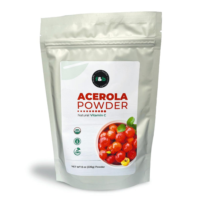 f&b superfoods Pure Organic Acerola Cherry Powder freeze dried (8oz), Organic Vitamin C for Immune System Booster, Smoothie, Drinks and juice detox, Vegan, Brazil Origin.