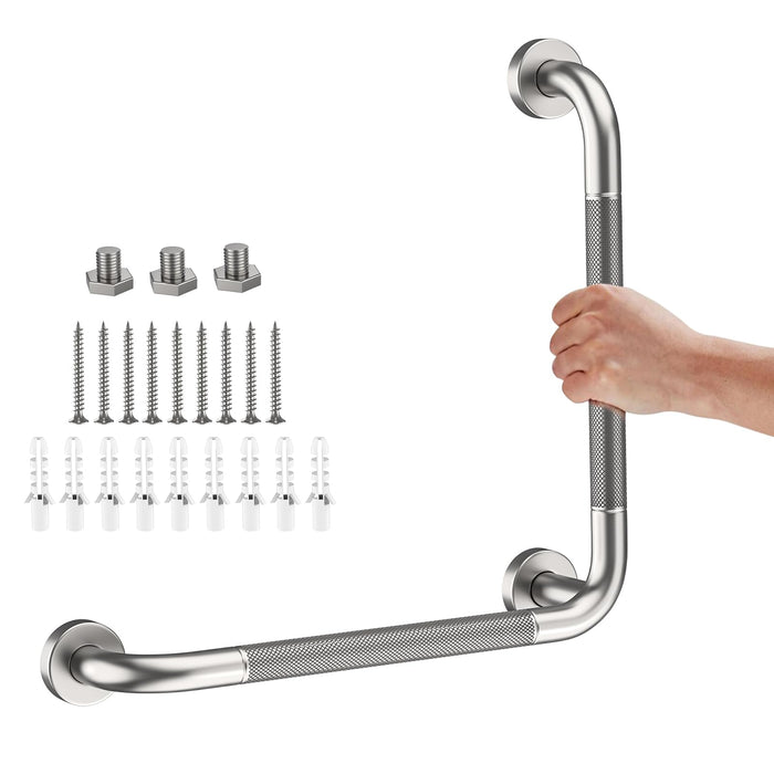 Angled Grab Bar 16x16 Inch Stainless Steel Knurled Toilet Handles Wall Mounted Bathroom Handicap Safety Rails for Elderly Injured Balance Support, L-shaped Brushed Nickel Grab Bar for Shower