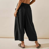 Quinn Pants for Women Plus Size Wide Leg Linen Pants with Pockets Summer Elastic Waist Drawstring Harem Pants High Waisted Baggy Casual Palazzo Pants Boho Flowy Beach Pants Loose Hippie Pants A-Black