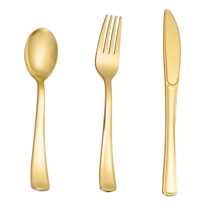 N9R 500PCS Gold Plastic Silverware - Gold Plastic Cutlery Set Disposable Flatware Dinnerware -200 Gold Forks, 150 Gold Spoons, 150 Gold Knives for Party, Birthday, Wedding Gold Utensils