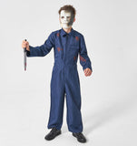 Kids Scary Halloween Costumes Boys Horror Movie Killer Cosplay Blue Jumpsuit with Blood Mask Knife Horror Party QM013M