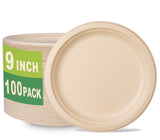 GreenWorks 100 Count 9“ Heavy-duty Compostable Plates, Unbleached Biodegradable Bagasse and Bamboo fiber Paper Plates