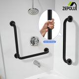 L-Shaped Shower Grab Bar 16x16 Inch, Zepolu Stainless Steel Matte Black Safety Grab Rail, Bathroom Mobility Aid Handrail, Wall Mounted Balance Support Bar Assist Handle for Senior Elderly Handicap