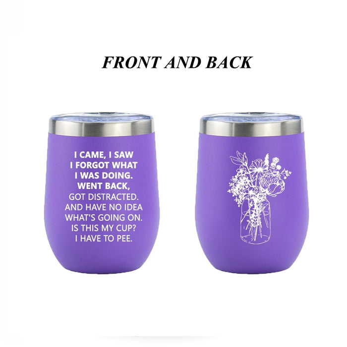 Eisfiel I Came I Saw I Forgot Tumbler, Funny Senior Citizens, Funny Sarcasti Gifts for Elderly Grandpa Grandma Wife Husband for Retirement Birthday Gift, Insulated Wine Tumblers 12oz, Purple