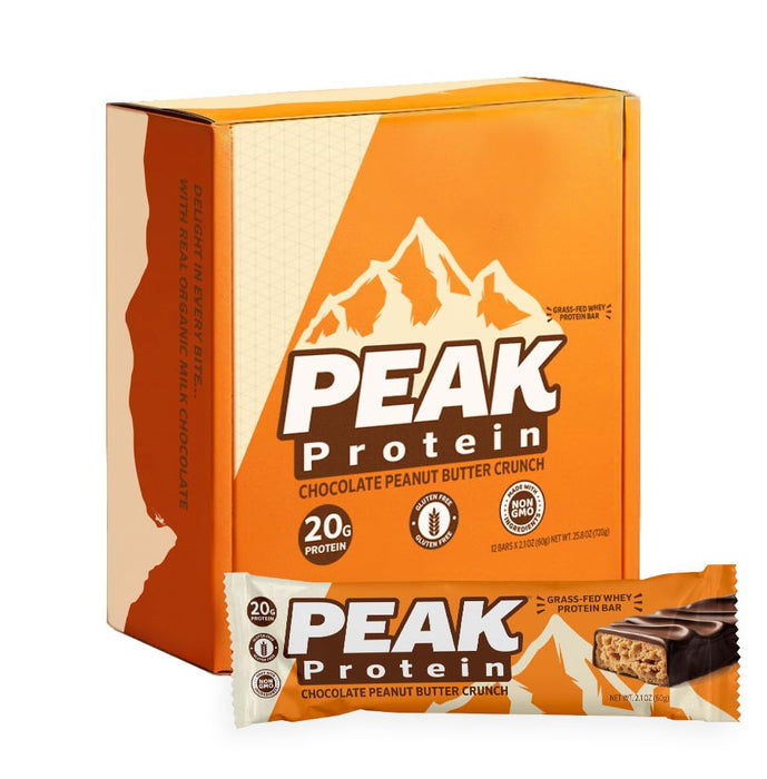 PEAK PROTEIN BARS - Chocolate Peanut Butter Crunch - Natural - Grass-Fed Whey - 20G Protein - Non-GMO - Gluten Free - Organic Milk Chocolate (12 Bars)