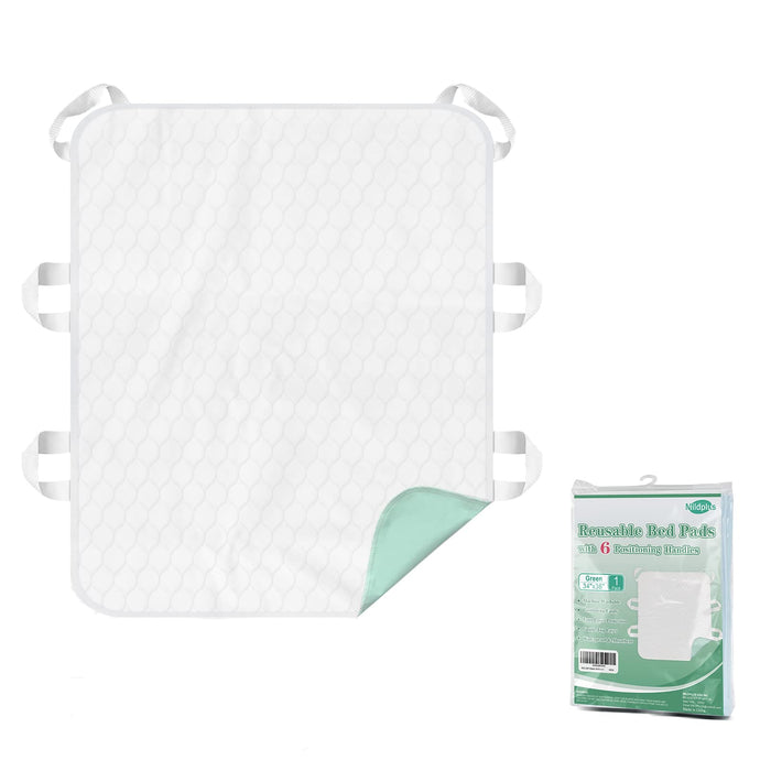 MILDPLUS Washable Bed Pads with 6 Sturdy Handles 34”×36” Extra Large Reusable Underpads 4-Layers Leakproof Chucks Pads Washable for Incontinence (Green,1 Pack)