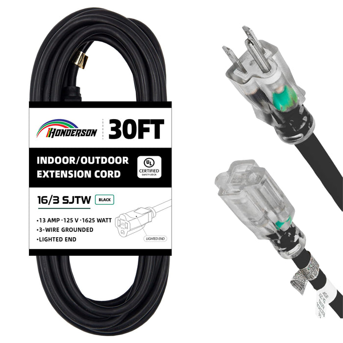HONDERSON 30FT 16/3 Christmas Lighted Outdoor Extension Cord - 16 Gauge 3 Prong SJTW Black Extension Cable with 3 Prong Grounded Plug for Safety,Great for Outdoor Christmas Decorations