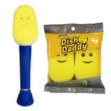 Scrub Daddy Dish Daddy Dish Wand & Refill Heads, Soap Dispensing Dish Brush, Texture Changing Washing Up Sponge With Liquid Handle, Dish Sponge with Built-in Scraper & Scrubbing Head, Drip stand, Blue