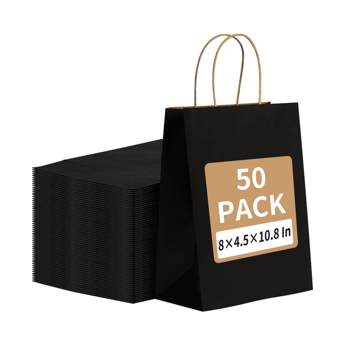 RACETOP 50Pcs Black Gift Bags 8x4.5x10.8 Inch, Kraft Paper Bags with Handles, Shopping Bags for Boutique, Wedding Party Favor, Merchandise, Retail, Small Business, Bulk Gift Wrap