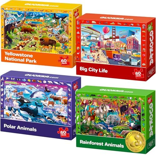 QUOKKA Puzzles for Kids Ages 4-6 - 4 x 60 Puzzles for Toddlers 5-8 - Educational Search & Find Toy for 8-10 yo for Learning Forest Polar, USA National Park Animals & City Life