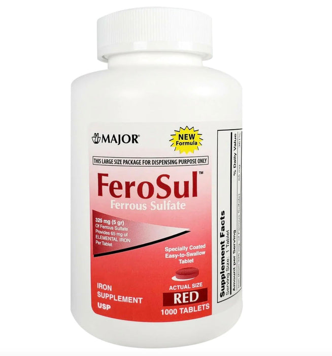 Major FeroSul Ferrous Sulfate 325 mg (5 gr) - 1000 Red Tablets