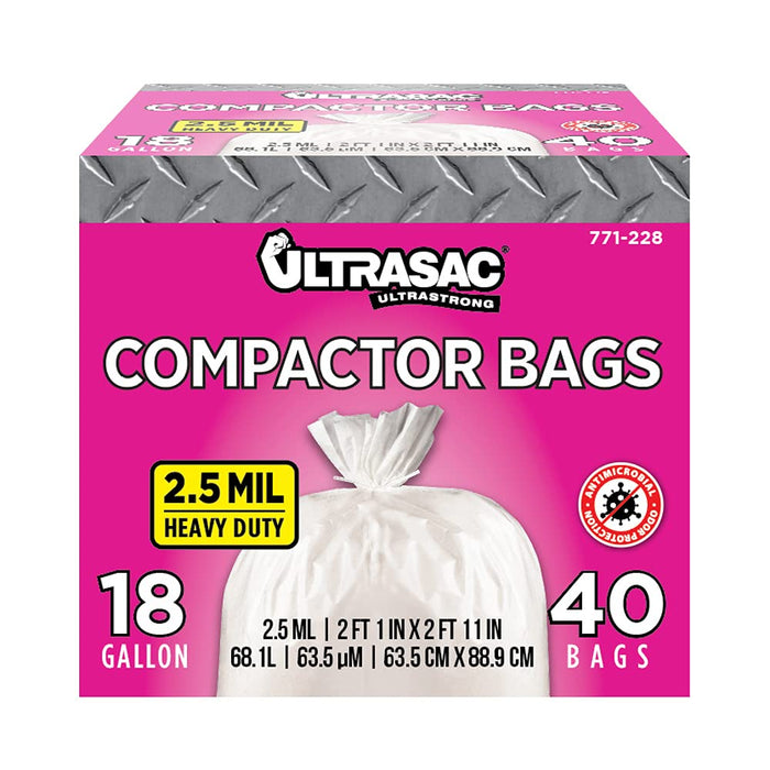 Ultrasac Trash Compactor Bags - (40 Pack with Ties) 18 Gallon for 15 inch Compactors - 25" x 35" Heavy Duty 2.5 MIL Garbage Disposal Bags Compatible with Kitchenaid Kenmore Whirlpool GE Gladiator