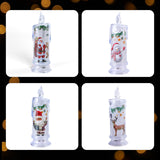 SupBri Christmas Flameless White Candles with Santa Claus, Snowman,Decals Set of 4, Battery Operated Christmas Themed LED Pillar Candles for Festival Christmas Decorations