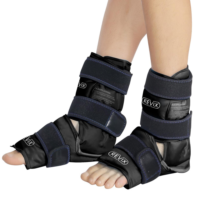 REVIX Ice Packs for Ankle Injuries Reusable, Ankle Ice Wrap with Cold Compression for Feet Pain Relief, Plantar Fasciitis and Achilles Tendonitis, Soft Plush Lining, 2 Packs, Black