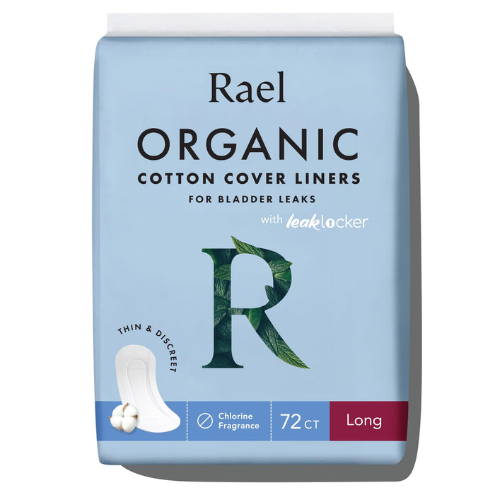 Rael Incontinence Liners for Women, Organic Cotton Cover - Postpartum Essential, Regular Absorbency, Bladder Leak Control, 4 Layer Core with Leak Guard Technology, (Long, 72 Count)