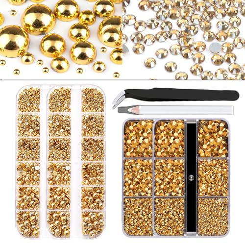 4 boxes Comprehensive Nail Charms Set with Two Boxes of Gold Beads, Two Boxes of Gold Rhinestones, a Tweezer, and a Picker Pencil for Women Girl DIY Craft