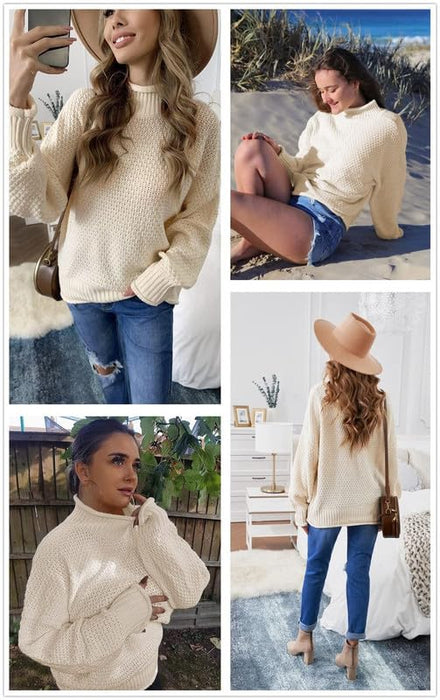 Dokotoo Womens Turtleneck Sweaters Batwing Long Sleeve Fall Clothes for Women 2024 Solid Casual Winter Outifits Loose Oversized Sweater Chunky Knit Christmas Sweaters Jumper Beige Blouses X-Large