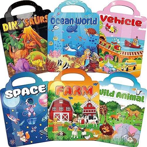 6Set Puffy Sticker Books for Kids 2-4, 3D Reusable Stickers Books for Toddlers 1-3,2-4,Farm+Animal+Dinosaurs+Ocean World+Space+Vehicle