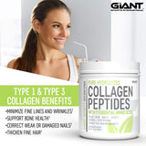 Giant Sports Collagen Peptide Powder - Hydrolyzed Complete All Essential Amino Acids with L-Tryptophan, Great for Skin, Hair, Nails, Bones, Joints - Grass Fed Pasture Raised Type 1 Type 3-1 LB