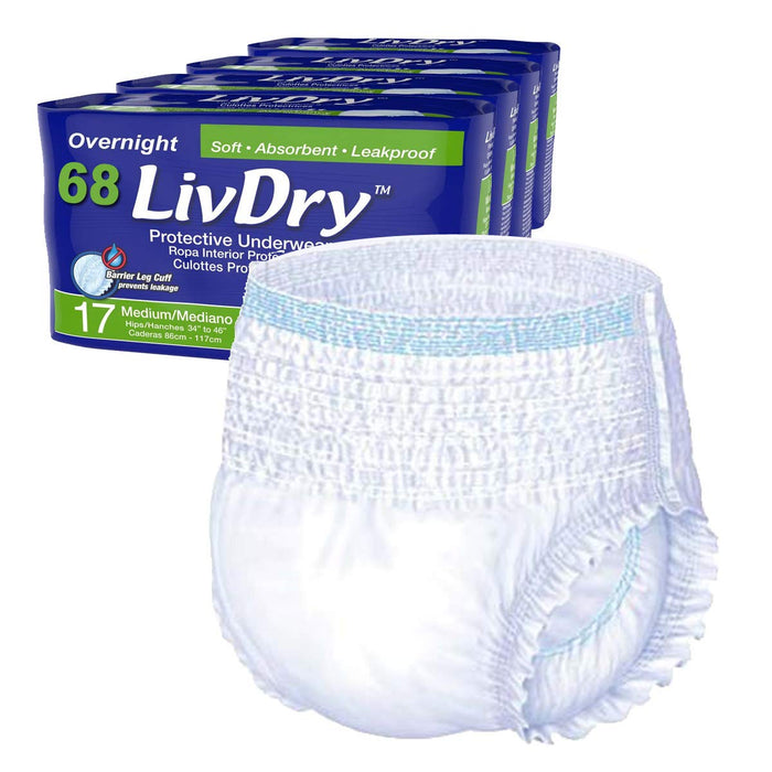 LivDry M Overnight Adult Diapers for Women and Men, Incontinence Underwear, Medium, 68-Pack