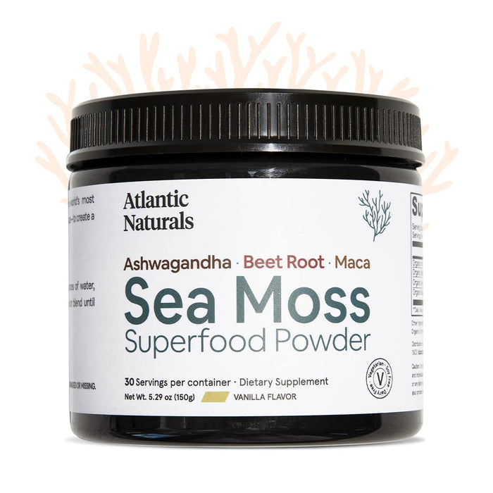 Organic Sea Moss Superfood Powder with Ashwagandha, Beet Root, and Maca | Support Healthy Skin, Athletic Performance, and Positive Mood | Delicious Vanilla Flavor