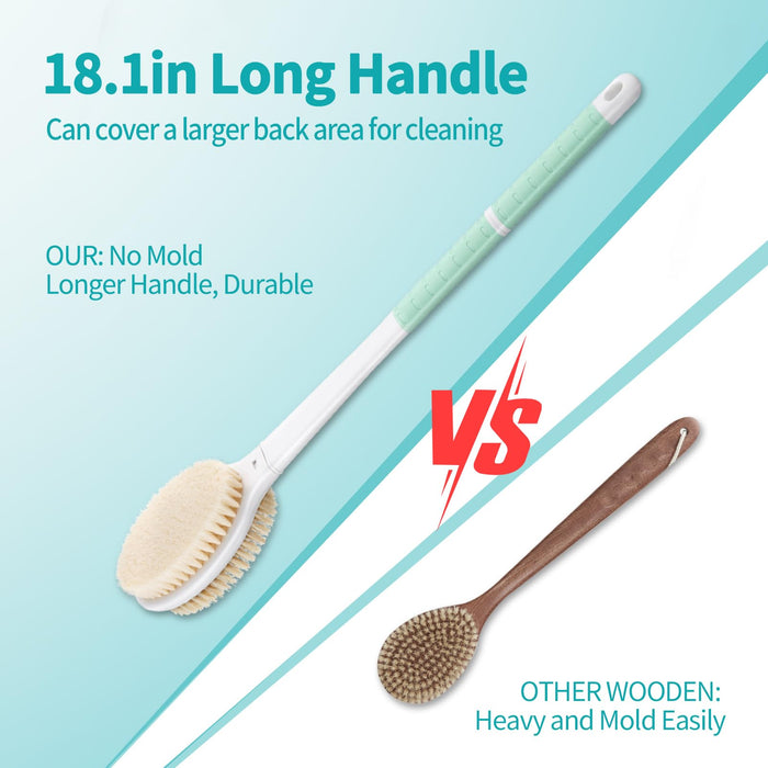 Back Scrubber Body Shower Brush: Anti Slip Long Handle Bath Brush with Stiff and Soft Bristles - Showering Exfoliator for Women, Men, Elderly (Mint Green)