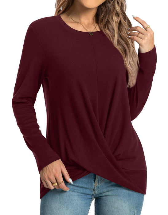 HOTGIFT Womens Christmas Tunics Top Long Sleeve Casual Shirts Front Twist Loose Blouse Burgundy Medium