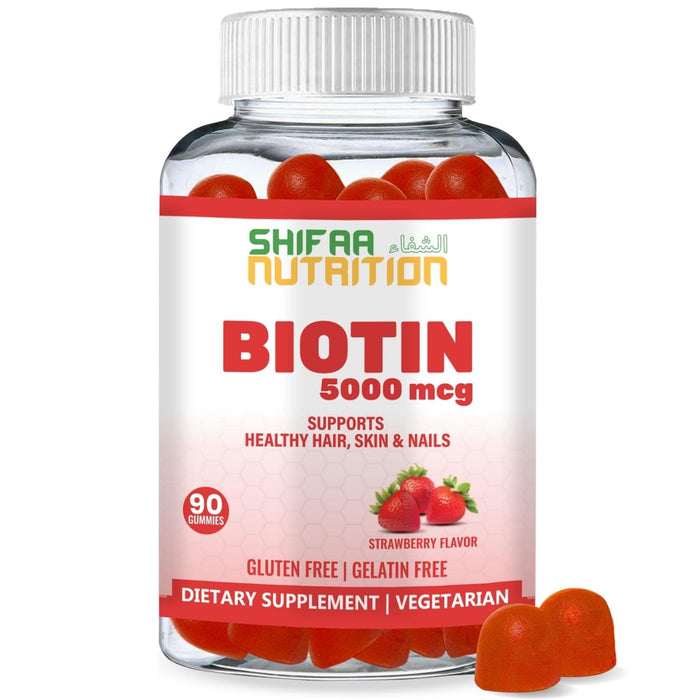 SHIFAA NUTRITION Vegan Biotin Gummies for Adult & Kids | 90 Gummies | 5000 mcg 45 Servings | NON-GMO | Gluten, Gelatin, Peanuts, Egg & Dairy Free | Biotin Gummy Vitamins for Hair, Skin & Nails Halal