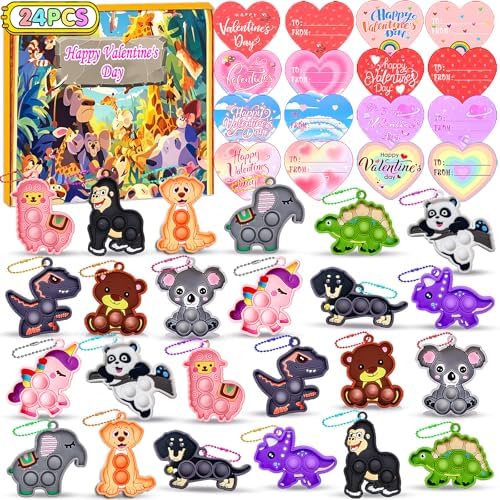 Valentines Day Gifts for Kids,24 PCS Animal Pop Fidget Toys with Valentines Day Cards,Valentine Exchange Gifts for Kids,Valentines Classroom Gifts