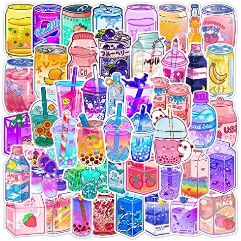 Kawaii Beverage Stickers 50Pcs Waterproof Trendy Drink Stickers for Water Bottle Laptop Skateboard Scrapbook Computer Guitar Cars,Vinyl Summer Aesthetic Cartoon Stickers Decals for Teens Kids Girls