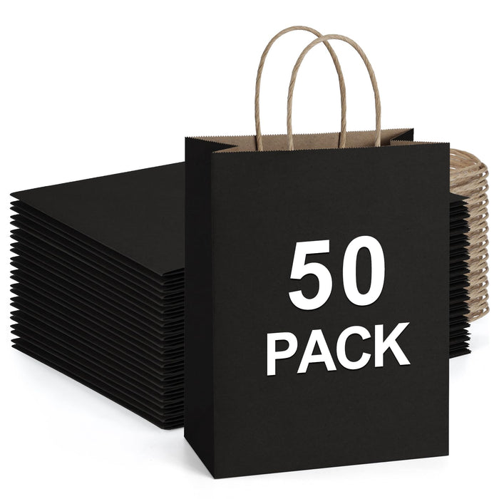 BagDream Medium Gift Bags with Handles 8x4.25x10.5 Inch Black 50 Pack Bulk