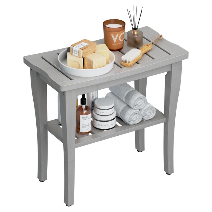 Bamboo Shower Bench Stool with Storage Shelf, Waterproof Shower Chair Spa Bath Seat, Shower Stool for Inside, Bathroom Bench Seat for Adults Elderly Seniors for Indoor or Outdoor Use(Gray)