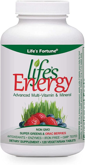 Life's Fortune Life's Energy Advanced Multi-Vitamin and Mineral Non-GMO - Super Greens - ORAC Berries - AntiOxidants - Enzymes - Iron Free - GMP Tested, 120 Veggi Tablets