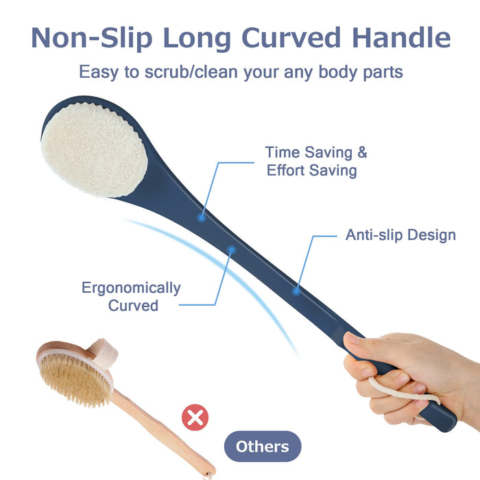 Body Brush Back Scrubber, 17 in Never Mold Back Brush Long Handle for Shower, Exfoliating Brush Dry Brushing Body Brush for Men Women Elderly Deep Exfoliation Soft Glowing Skin (17 '' Navy Blue)