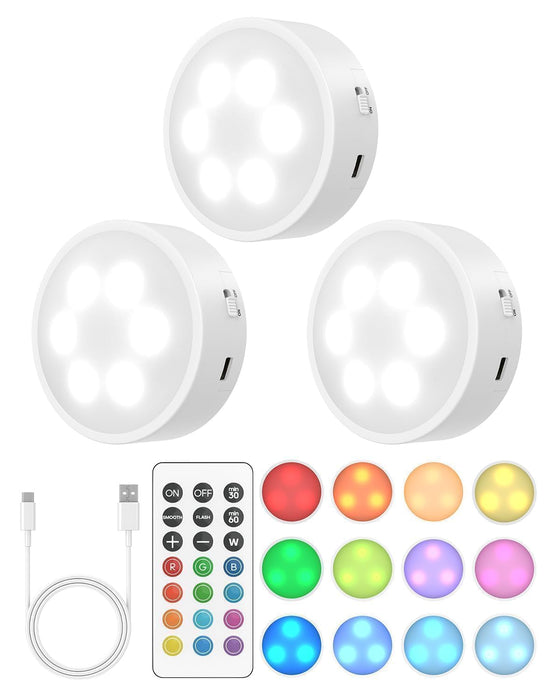 Puck Lights with Remote, Rechargeable 13 RGB Colors Tap Lights, 3 Pack