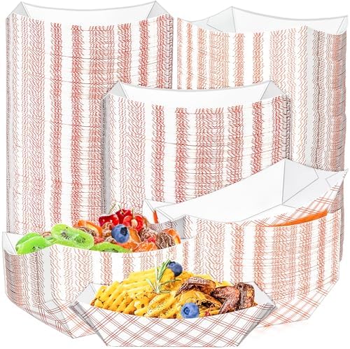 MotBach 180 Pack 1 Lb Checkered Paper Food Boat Trays Disposable Paper Plate Boats, Kraft Food Trays Colored Paper Food Serving Tray Boat Bowls for Snack Fries BBQ Popcorn Dessert Taco Nacho