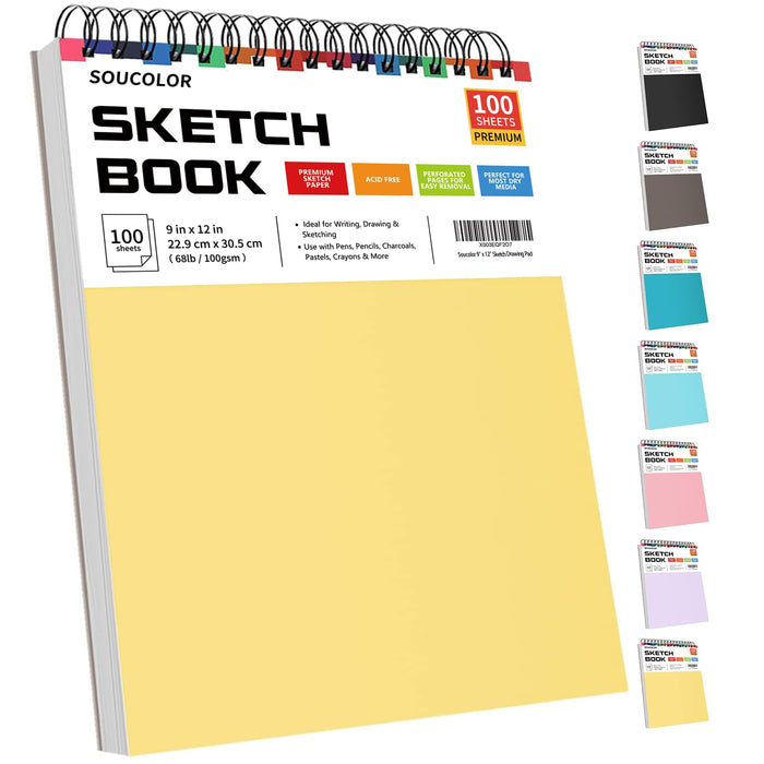 College Graduation Gifts, Nursing Student Essentials, Teacher Appreciation Gifts, Soucolor 9" x 12" Yellow Sketch Book, 1-Pack 100 Sheets Spiral Bound Drawing Paper