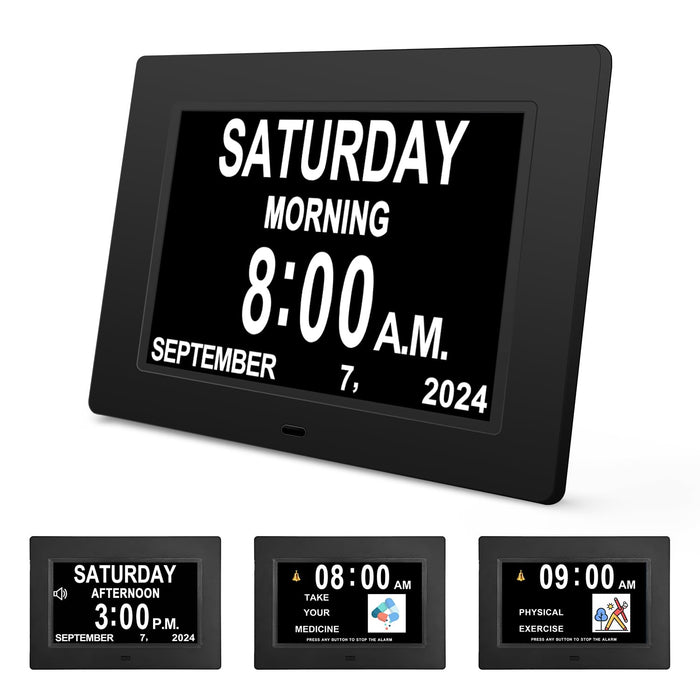 JALL Digital Calendar Dementia Day Clock - with 7" Large Screen Display, am pm, 5 Multiple Alarms, for Aged Seniors, The Elderly, Large Impaired Vision People, for Desk, Wall Mounted