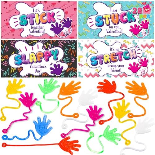 JOYIN 28 Packs Valentines Day Sticky Hands with Card Headers for Kids Party Favor, Classroom Exchange Prizes, Valentine’s Day Greeting Cards, Party Favors and Exchange Gifts