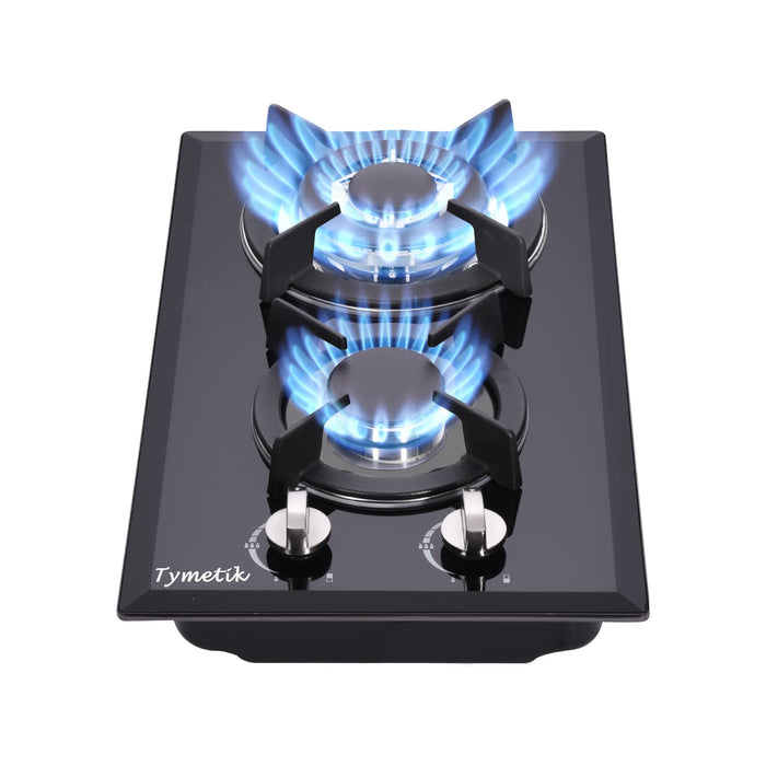 Tymetik 12 Inch Gas Cooktop - 2 Burner Built-in Stovetop with Tempered Glass, LPG/NG Convertible Dual Fuel, Ideal for RVs, Apartments, Outdoor